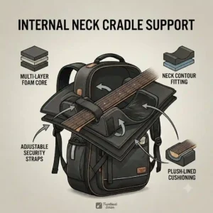 Interior view highlighting the adjustable neck cradle support inside a bass guitar gig bag