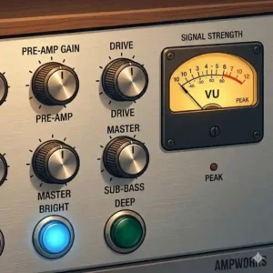 Detailed EQ and gain control knobs on a classic bass guitar tube amp.