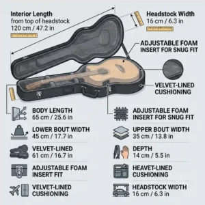Diagram showing the interior dimensions and fit guidelines for an acoustic electric bass guitar case.