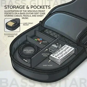 Illustration of the spacious front pockets on a bass guitar soft case storing cables, pedals, and sheet music.