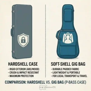 A side-by-side comparison illustration highlighting the differences between a heavy-duty hardshell p bass guitar case and a lightweight gig bag.