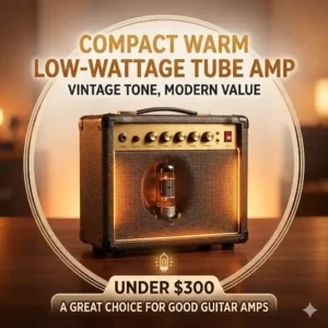 A compact and warm vintage tube amplifier on a wooden table chosen from good guitar amps under 300.