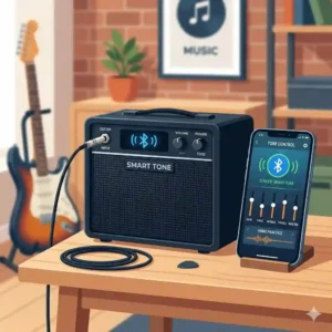 An illustration of a smart desktop amplifier syncing with a mobile tone control app, highlighting features of the best at home guitar amp.