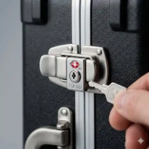 Close-up of secure TSA-approved locking latches on a flight-ready bass hard case for travel.