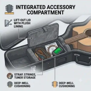 Close-up illustration of the internal accessory storage compartment inside an acoustic electric bass guitar case.
