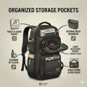 Large exterior storage pockets on a bass guitar gig bag holding cables and sheet music