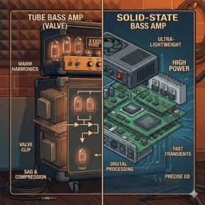 Technical diagram showing the signal flow of a bass guitar tube amp.