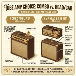 A textbook-style infographic comparing an all-in-one combo setup against a modular head and cabinet layout to find the best tube amp under 500.