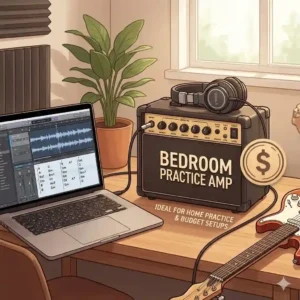 A small bedroom practice amplifier next to a laptop computer on a desk showing good guitar amps under 300.