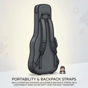 An illustration showing adjustable backpack straps on a lightweight bass guitar soft case for easy transport.