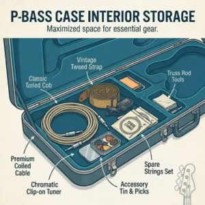 A detailed illustration of the internal accessory compartment inside a p bass guitar case, holding a strap, cables, and tuner.