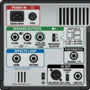 Detailed diagram of the back panel showing speaker outputs, effects loops, and impedance switches on the best amp heads.