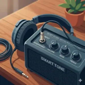 A close-up of studio headphones plugged into a digital practice amplifier on a desk for the best at home guitar amp experience without noise.