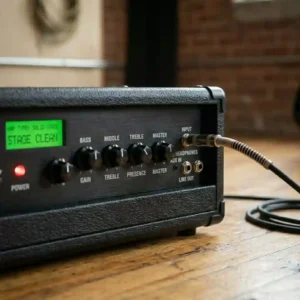 A powerful solid state amplifier on a stage, perfect for gigging musicians looking for the best guitar amp under 500 dollars.