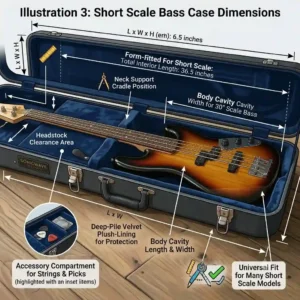 An instructional diagram showing the interior dimensions and layout of a universal short scale bass case.