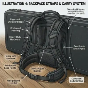Adjustable backpack straps on the back of a lightweight short scale bass case for comfortable carrying.