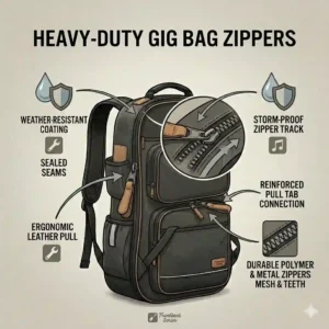 Detailed view of the heavy-duty dual zippers on a professional bass guitar gig bag