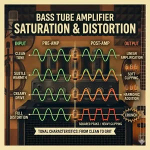 An audio signal waveform chart demonstrating how smooth harmonic clipping and warm distortion work in the best bass tube amplifier.