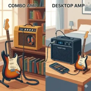 A side-by-side comparison illustration between a traditional combo amplifier and a compact desktop unit to find the best at home guitar amp.