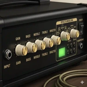 Close-up view of the equalizer and effects control panel options on good guitar amps under 300.