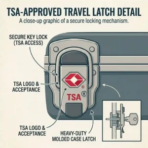 A close-up graphic illustration of a heavy-duty, TSA-approved locking latch on a molded p bass guitar case for flights.