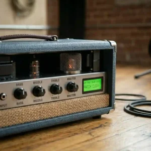 A small desktop practice amplifier next to an electric guitar in a bedroom, proving you can get the best guitar amp under 500 dollars for home use.