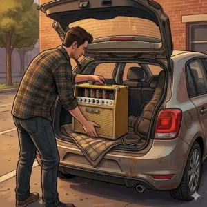 Cutaway view of a tube bass amp combo showing the internal 12-inch speaker cone and heavy-duty magnet structure.
