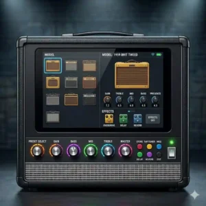 5. A compact desktop setup featuring one of the best rated guitar amps for home practice sitting next to a laptop and headphones.