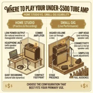 A side-by-side visual chart comparing home studio recording dynamics versus small live gig usability for the best tube amp under 500.