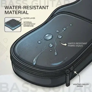 : Illustration demonstrating water droplets repelling off the weather-resistant fabric of a bass guitar soft case.