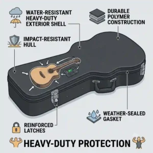 Graphic highlighting the water-resistant exterior fabric of a heavy-duty acoustic electric bass guitar case.