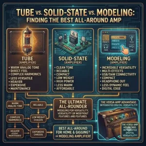 A comparison chart evaluating tube, solid-state, and digital modeling options to find the best all around amp.