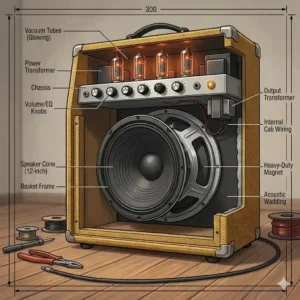 Detailed illustration of the back panel of a tube bass amp combo revealing the glowing power tubes and preamp vacuum tubes.