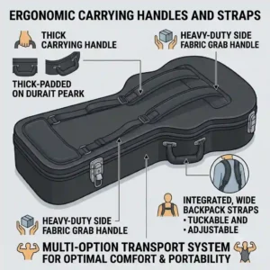 Illustration of the ergonomic carrying handle and adjustable backpack straps on an acoustic electric bass guitar case.