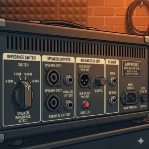 Rear panel inputs and speaker outputs of a professional bass guitar tube amp.