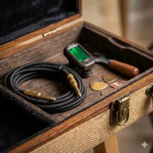 Inside view of an internal accessory compartment in a bass hard case holding cables and tools.