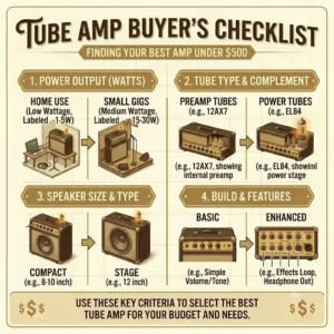 A four-panel grid infographic detailing a buyer's checklist regarding wattage, speakers, and build specifications for the best tube amp under 500.