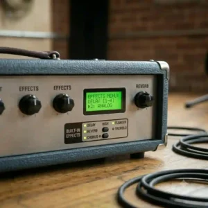 Close-up of the control knobs and built-in effects settings on the interface of the best guitar amp under 500 dollars.