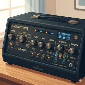 A detailed view of the front control panel, knobs, and digital effects screen on the best at home guitar amp.