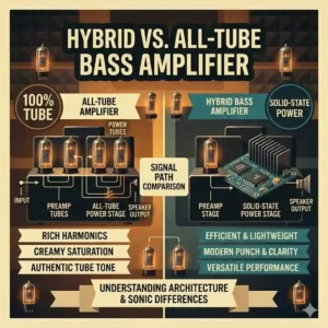 A detailed comparison architecture chart outlining the differences between a hybrid system and the best bass tube amplifier with all-tube circuitry.