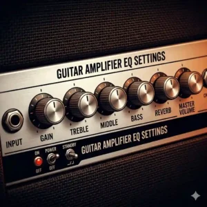 6. A detailed view of the front panel and control knobs of the best rated guitar amps with dials for gain, treble, middle, and bass.