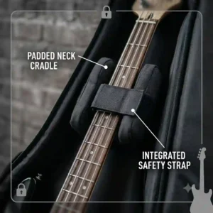 Illustration of an internal neck cradle and safety strap securing a bass guitar inside a soft case.