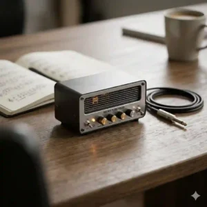 A portable, lightweight lunchbox-style mini guitar amplifier sitting on a desk, representing the best amp heads.