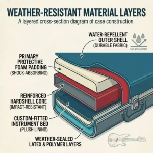 A cross-section illustration showing the waterproof outer shell and protective foam padding layers of a durable p bass guitar case.