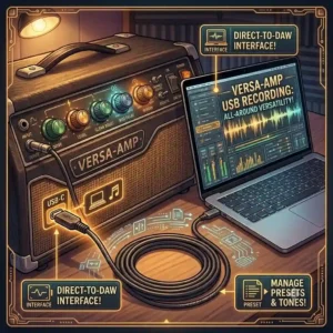 An illustration showing the best all around amp connected via USB to a laptop for digital recording.