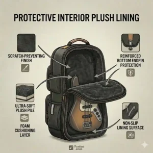 Plush protective interior lining of an electric bass guitar gig bag preventing scratches