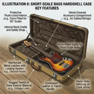 Detailed interior view focusing on the neck cradle and security strap inside a molded short scale bass case.