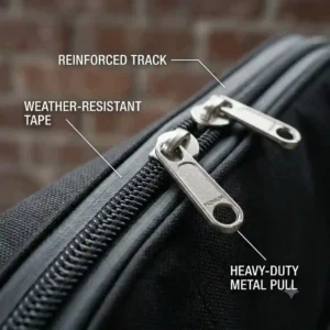 Detailed illustration of heavy-duty metal zippers on a premium bass guitar soft case.