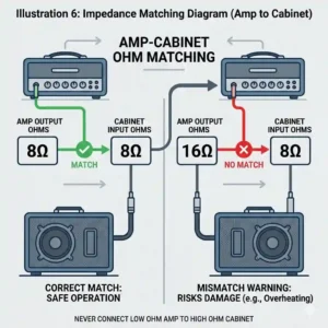 An instructional graphic showing how to match ohms and connect the best amp heads safely to speaker cabinets.