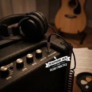 Audio headphones plugged into the dedicated headphone jack for silent practice on good guitar amps under 300.